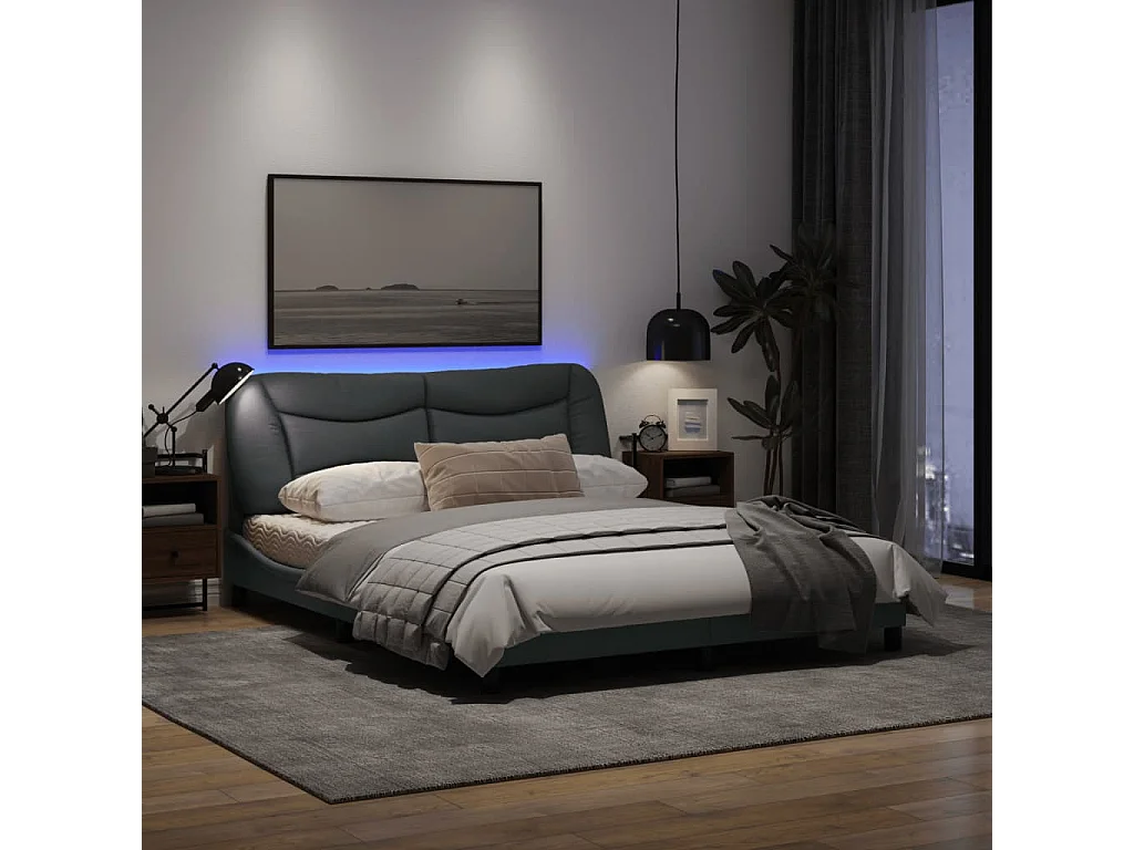 Cadre de lit avec lumières LED gris clair 160x200 tissu