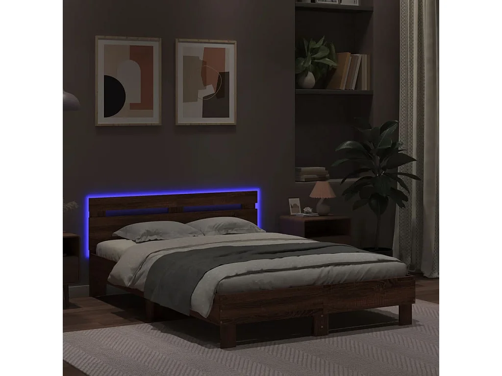 Cadre de lit avec tête de lit et LED chêne marron 135x190