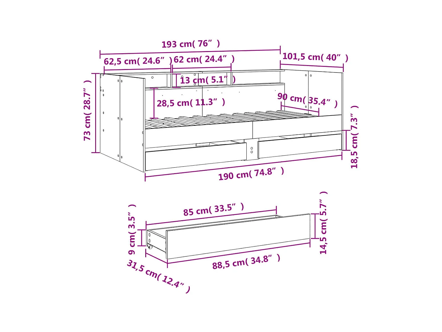 Lit de jour avec tiroirs chêne fumé 90x190 bois d'ingénierie