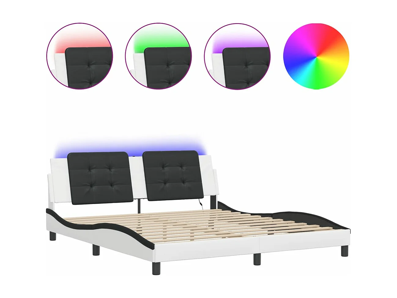 Cadre de lit avec lumières LED blanc noir 180x200 similicuir