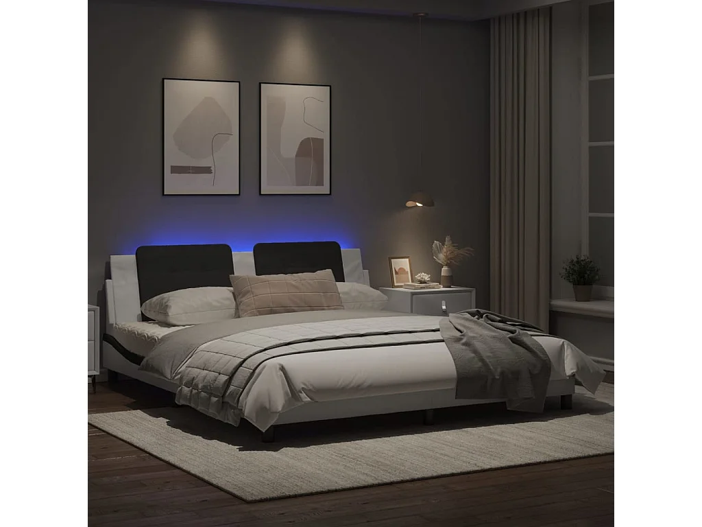 Cadre de lit avec lumières LED blanc noir 180x200 similicuir