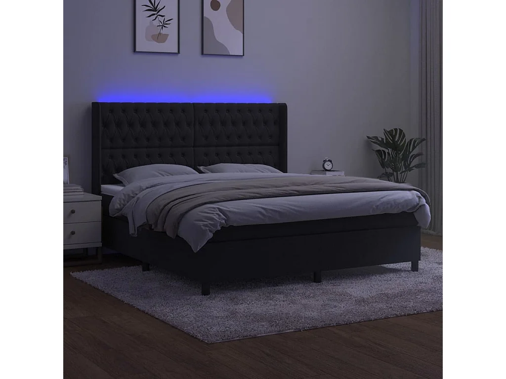 Sommier à lattes de lit matelas et LED Noir 160x200 Velours