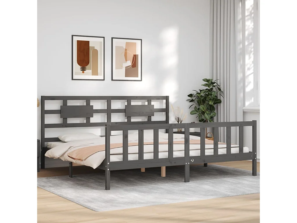 Cadre de lit avec tête de lit gris 200x200 bois massif