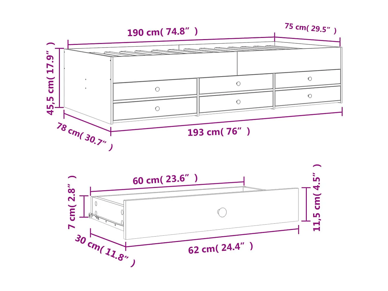 Lit de jour et tiroirs chêne sonoma 75x190 bois d'ingénierie
