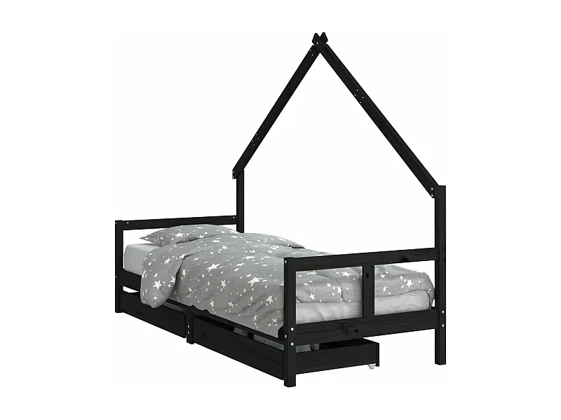 Cadre de lit enfant tiroirs noir 80x200 bois de pin massif
