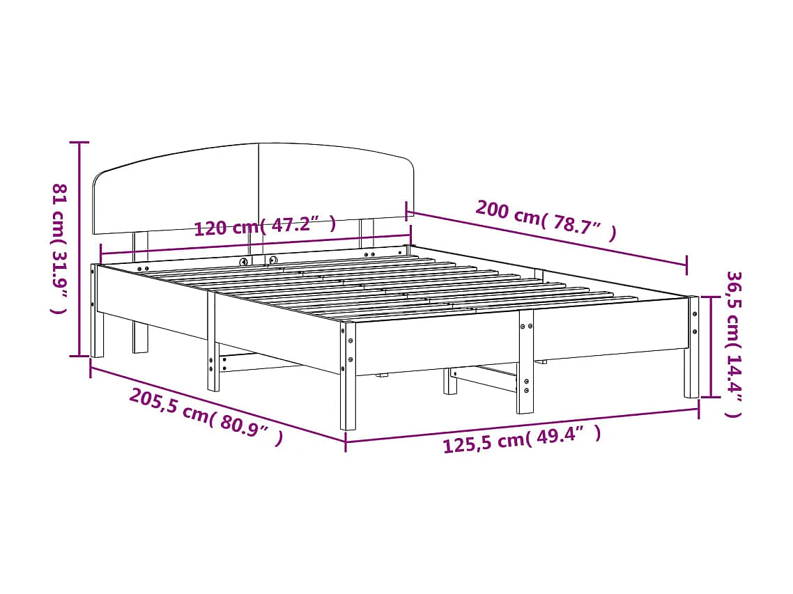 Cadre de lit avec tête de lit 120x200 bois de pin massif