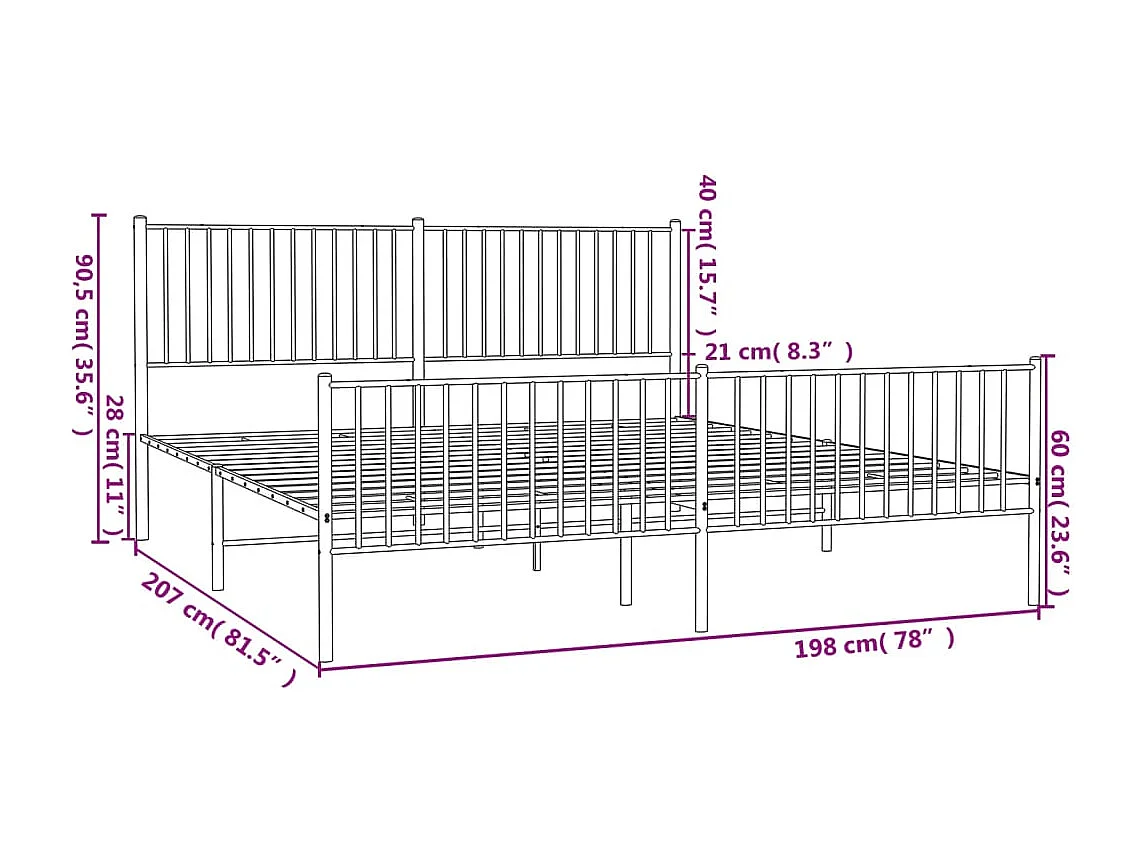 Cadre de lit métal avec tête de lit-pied de lit blanc 193x203