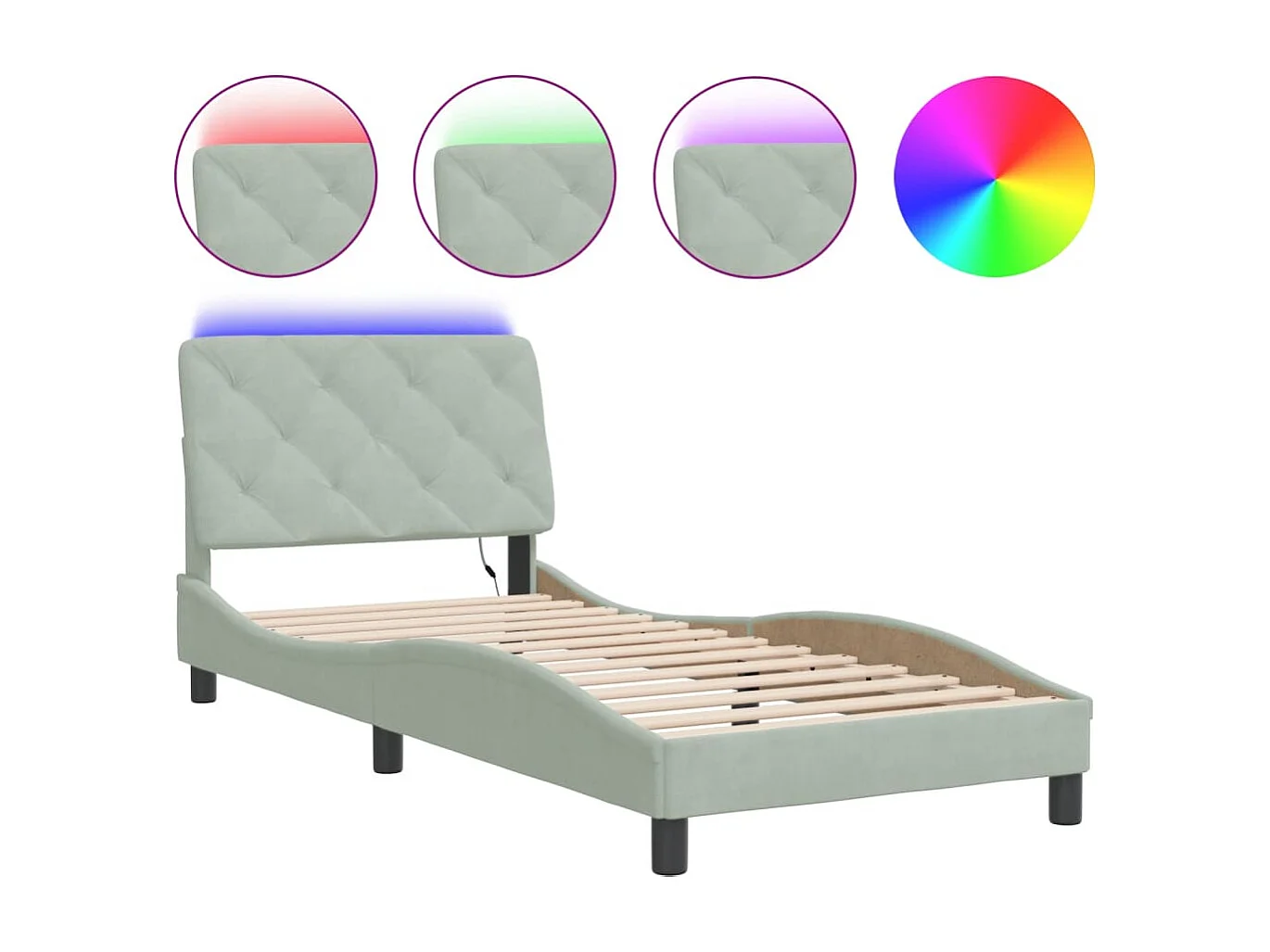 Cadre de lit avec lumières LED gris clair 90x200 velours