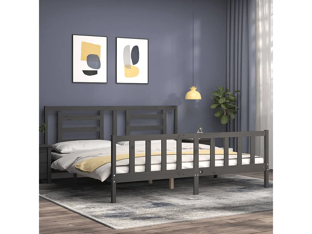 Cadre de lit avec tête de lit gris 200x200 bois massif