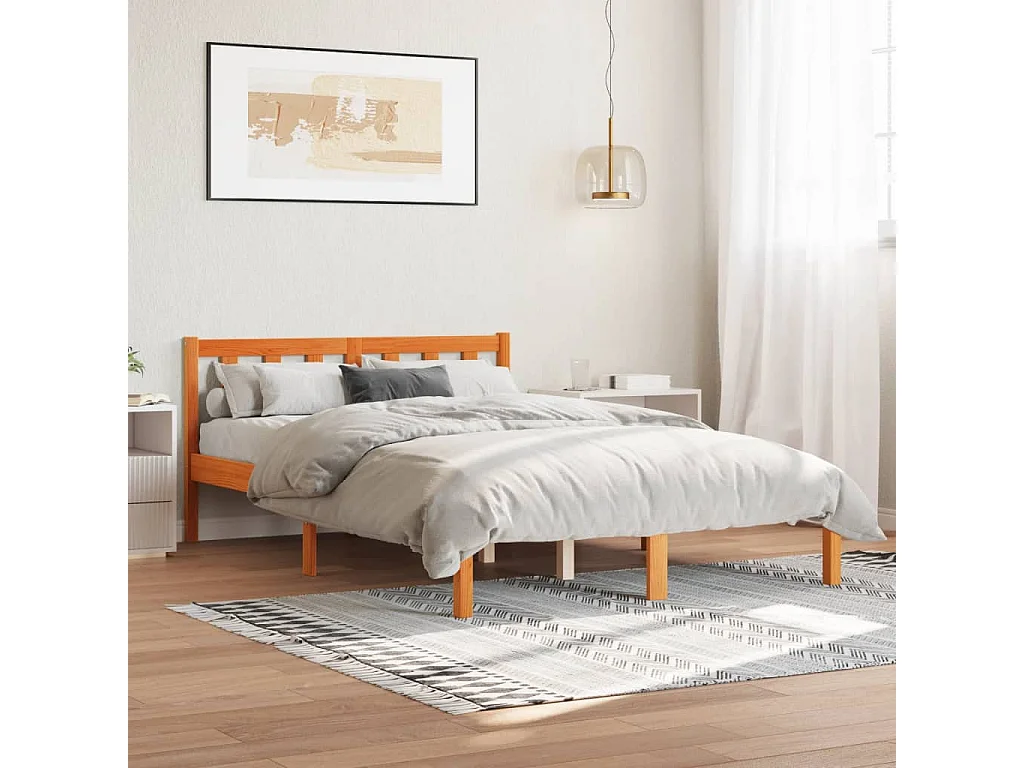 Lit double marron 140x190 bois de pin massif