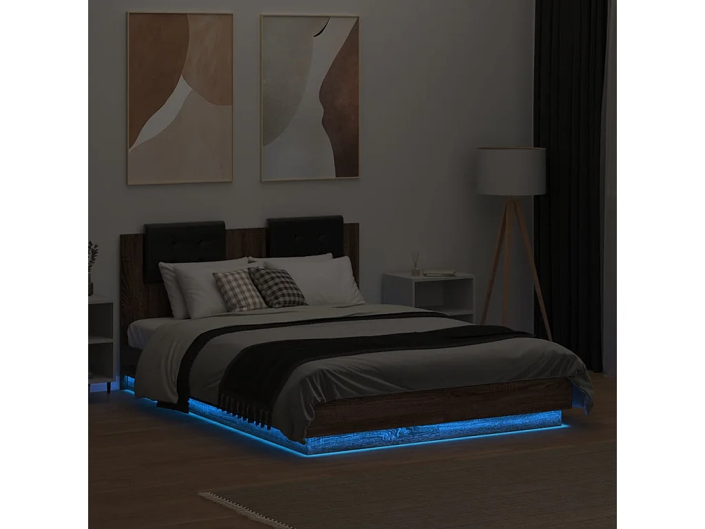 Cadre de lit tête de lit et lumières LED chêne marron 135x190