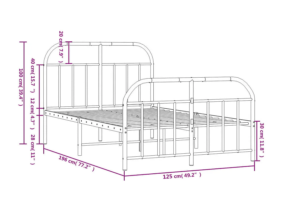 Cadre de lit métal avec tête de lit-pied de lit blanc 120x190