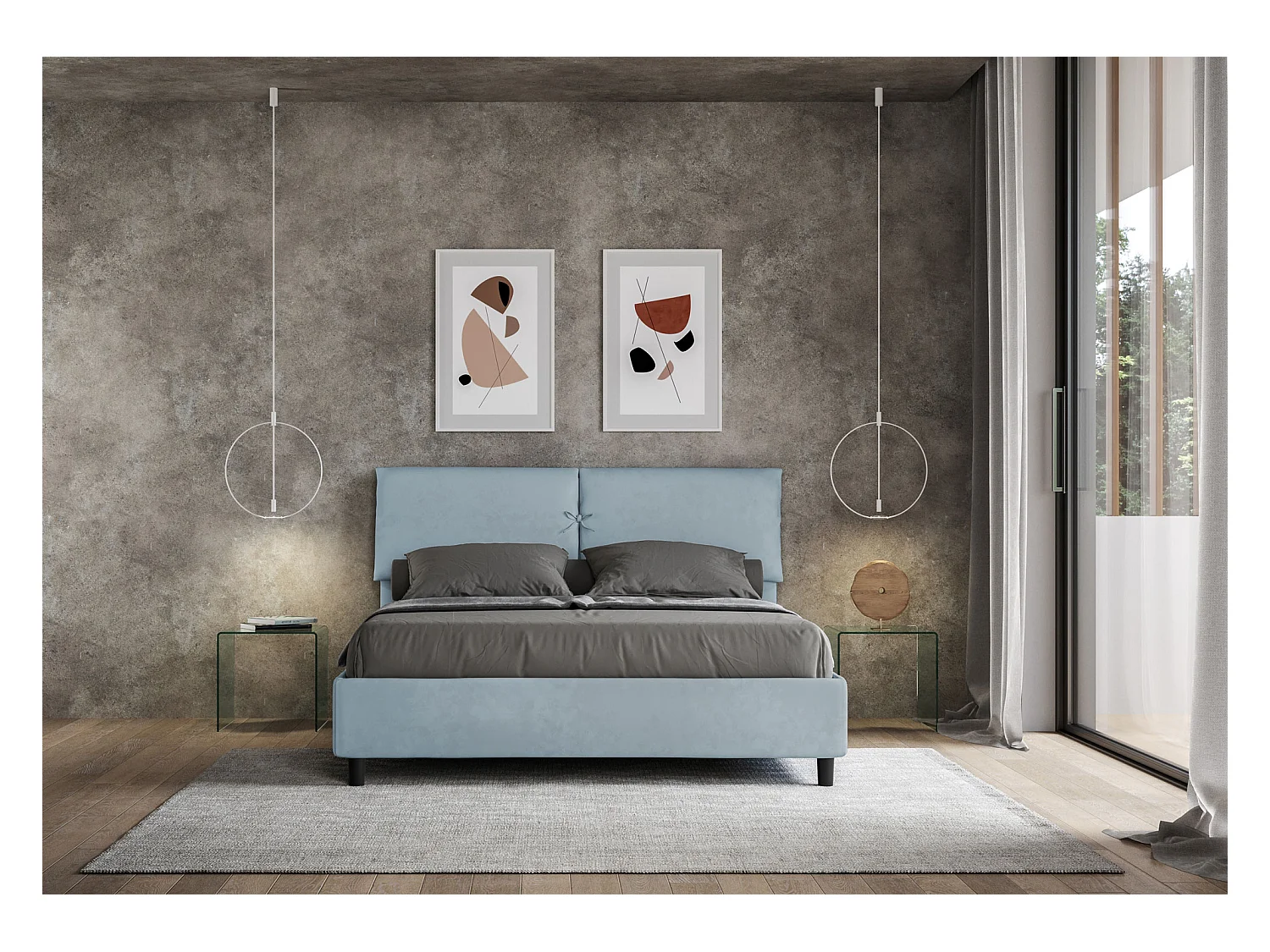 Lit sans sommier rembourré 160x200 microfibre bleu clair Mados