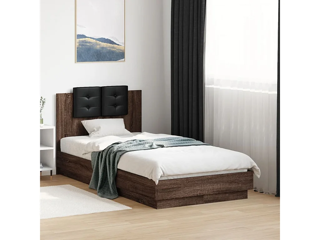 Cadre de lit tête de lit et lumières LED chêne marron 90x190