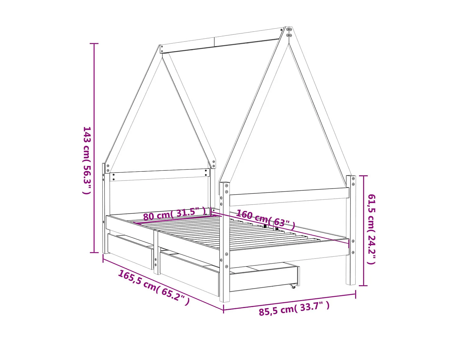 Cadre de lit pour enfant et tiroirs 80x160 bois de pin massif