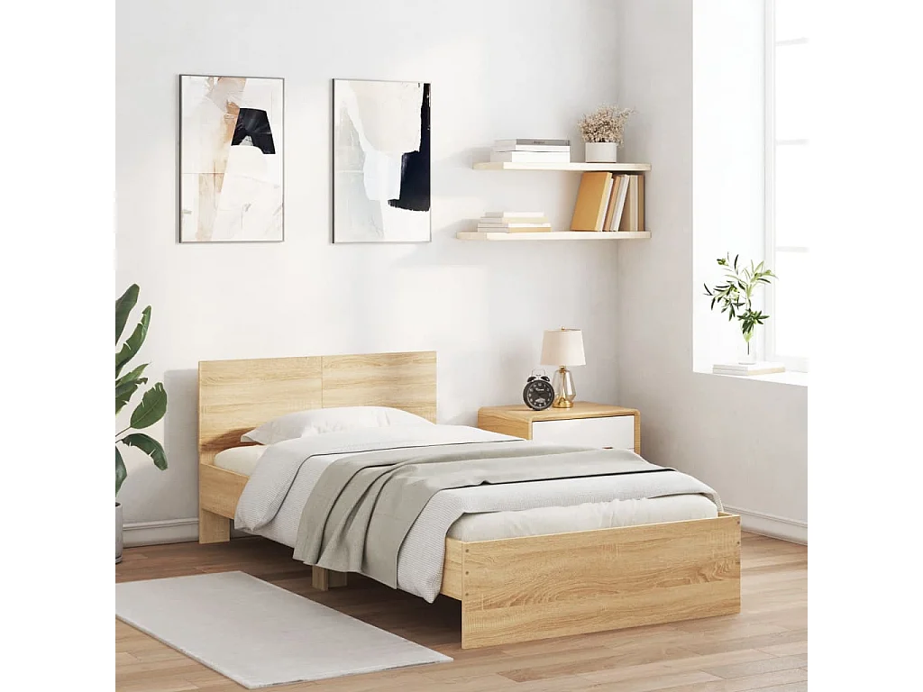 Cadre de lit tête de lit et lumières LED chêne sonoma 100x200