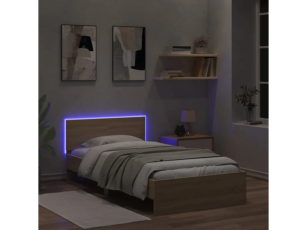 Cadre de lit tête de lit et lumières LED chêne sonoma 100x200