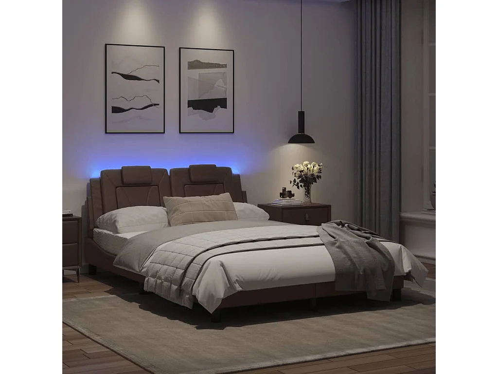 Cadre de lit avec lumières LED marron 120x200 similicuir