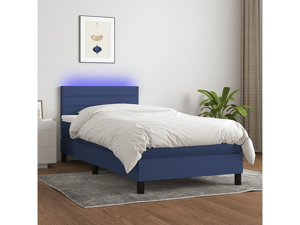 Sommier à lattes de lit avec matelas et LED Bleu 90x190 Tissu