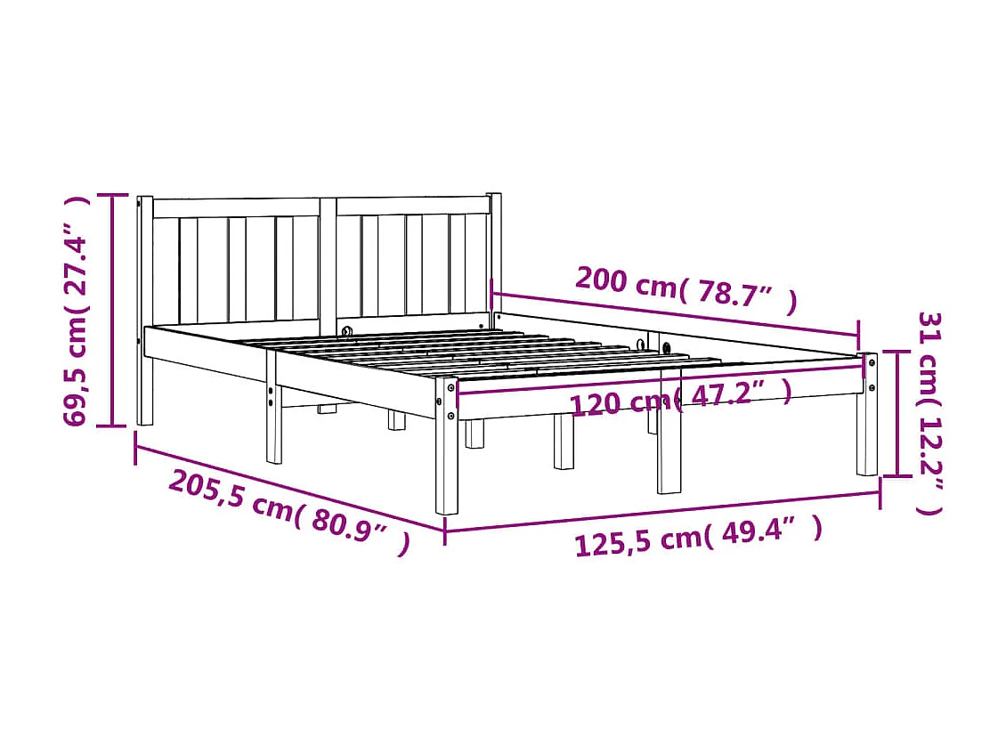 Cadre de lit marron 120x200 bois de pin massif