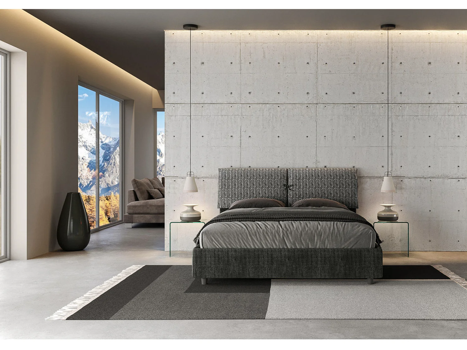 Tweepersoonsbed grote kussens gecapitonneerd hoofdbord gestoffeerde stof Viena-Kleur Donkergrijs-Slapen 160x200cm-Keuze Zonder boxspring