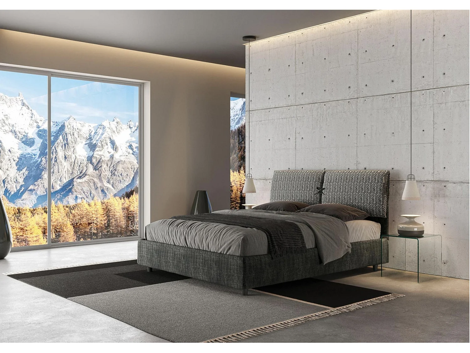 Tweepersoonsbed grote kussens gecapitonneerd hoofdbord gestoffeerde stof Viena-Kleur Donkergrijs-Slapen 160x200cm-Keuze Zonder boxspring