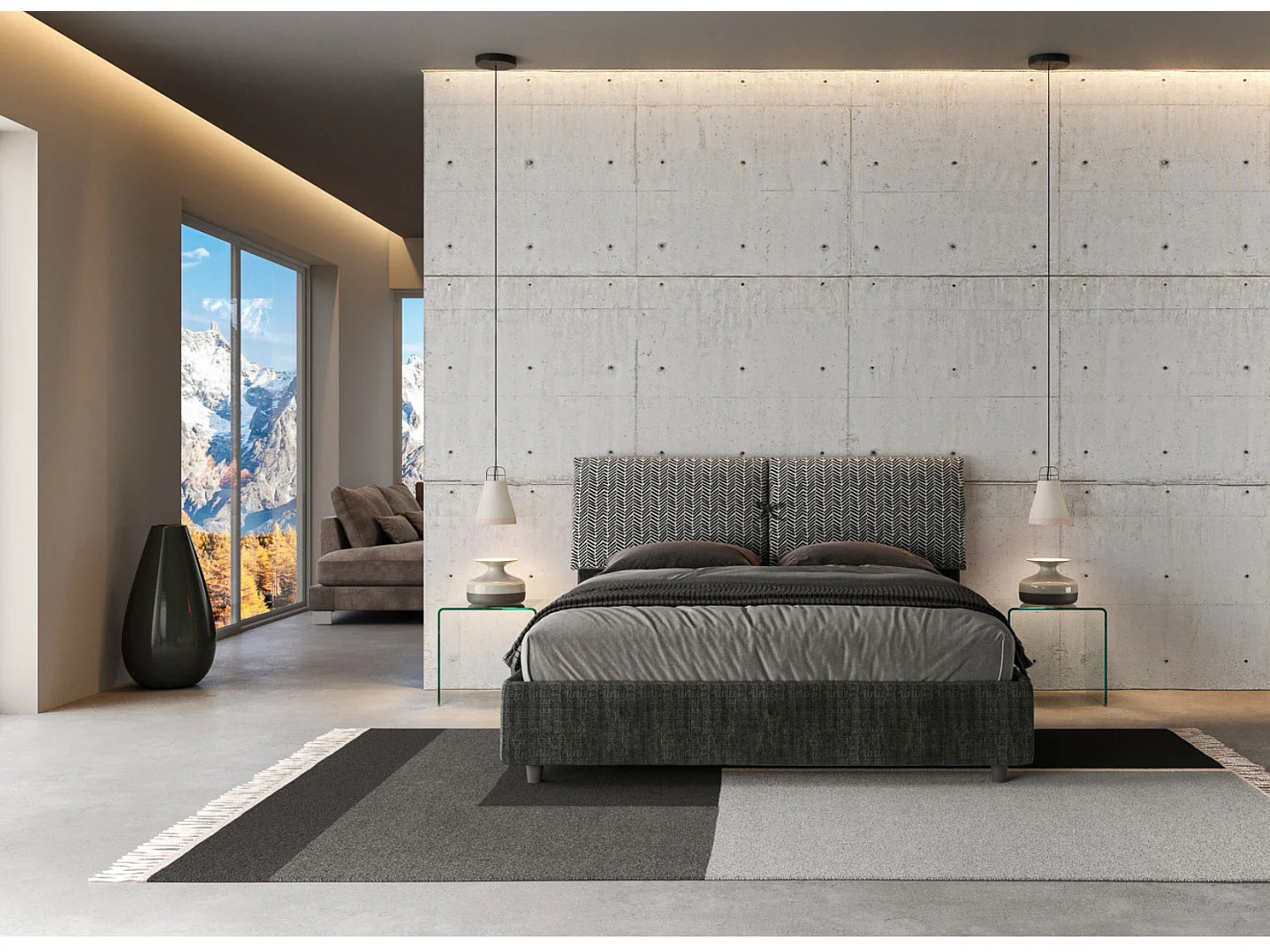 Lit double grands coussins tête de lit rembourré tissu tapissé Viena-Couleur Gris foncé-160x200