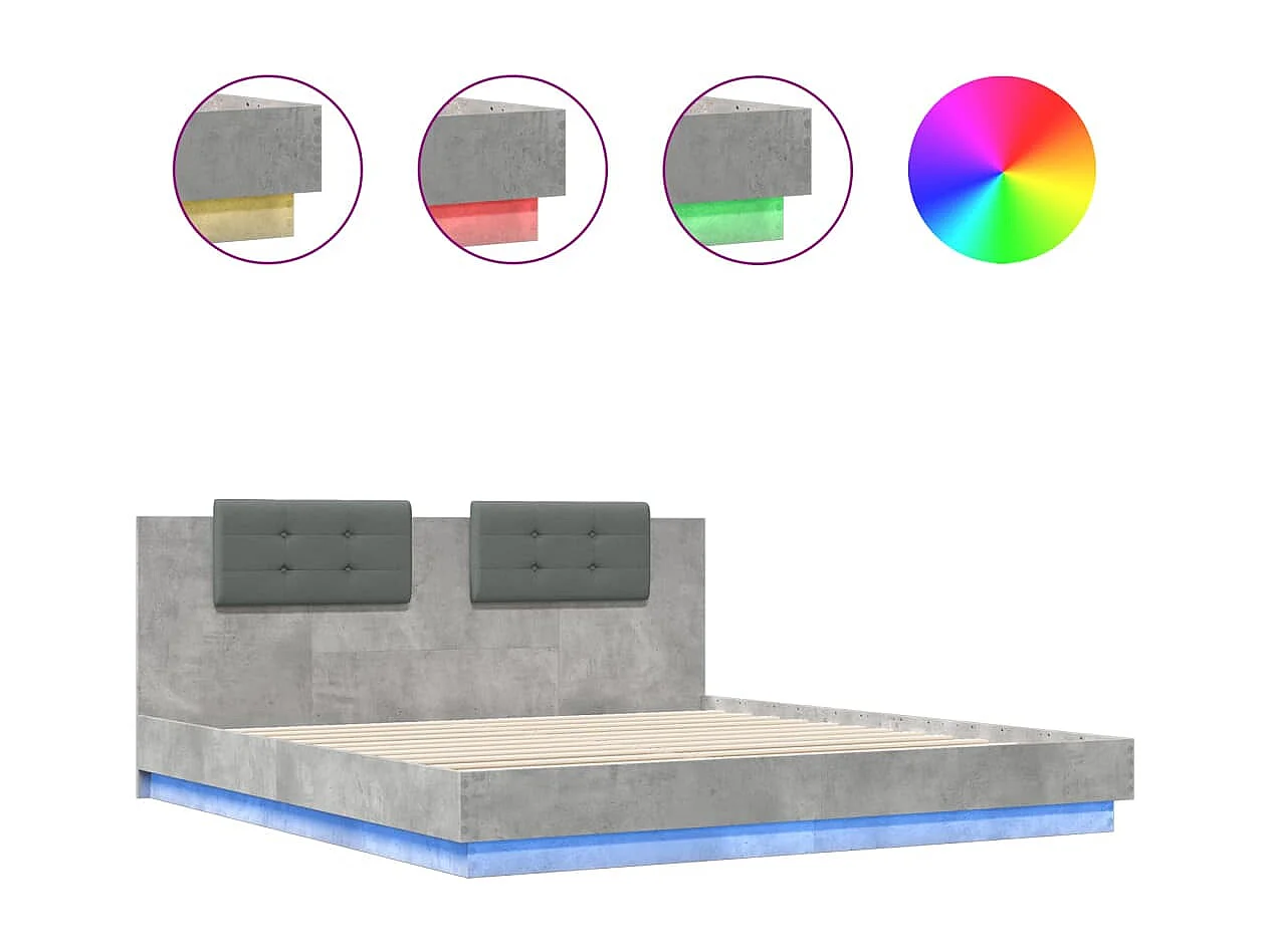 Cadre de lit tête de lit et lumières LED gris béton 180x200