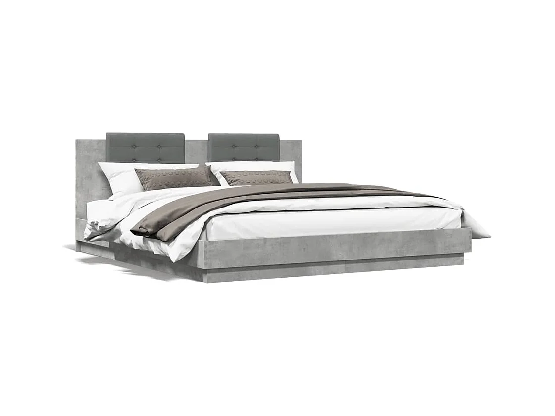 Cadre de lit tête de lit et lumières LED gris béton 180x200
