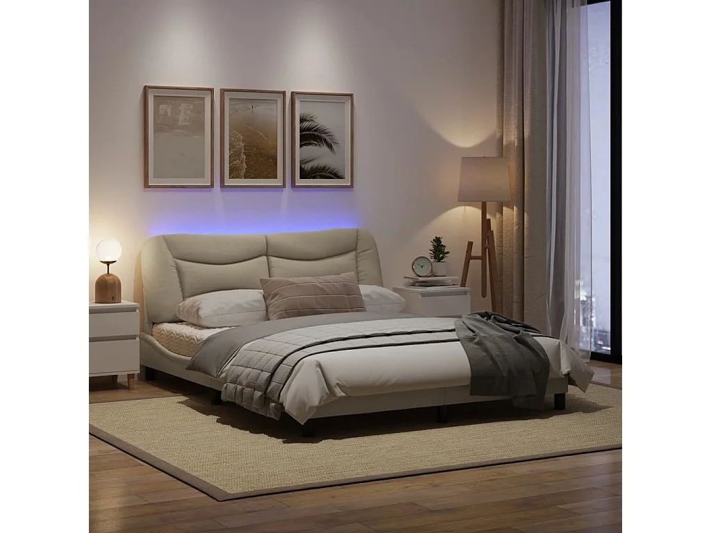 Cadre de lit avec lumières LED crème 160x200 tissu