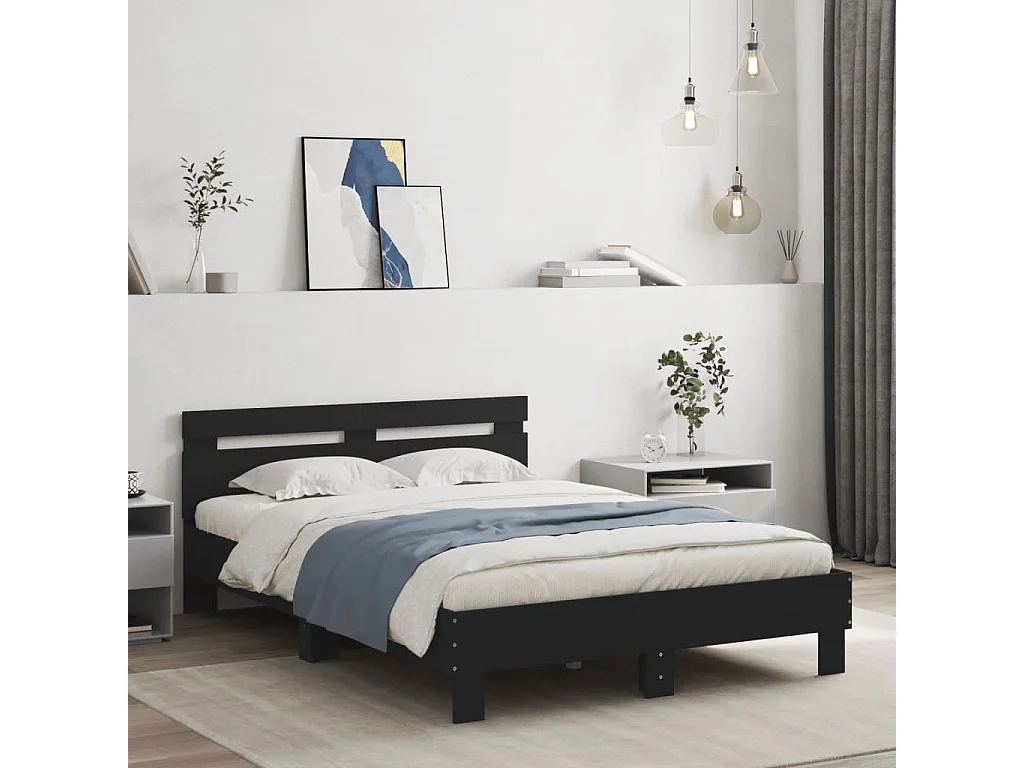 Cadre de lit avec tête de lit et LED noir 135x190