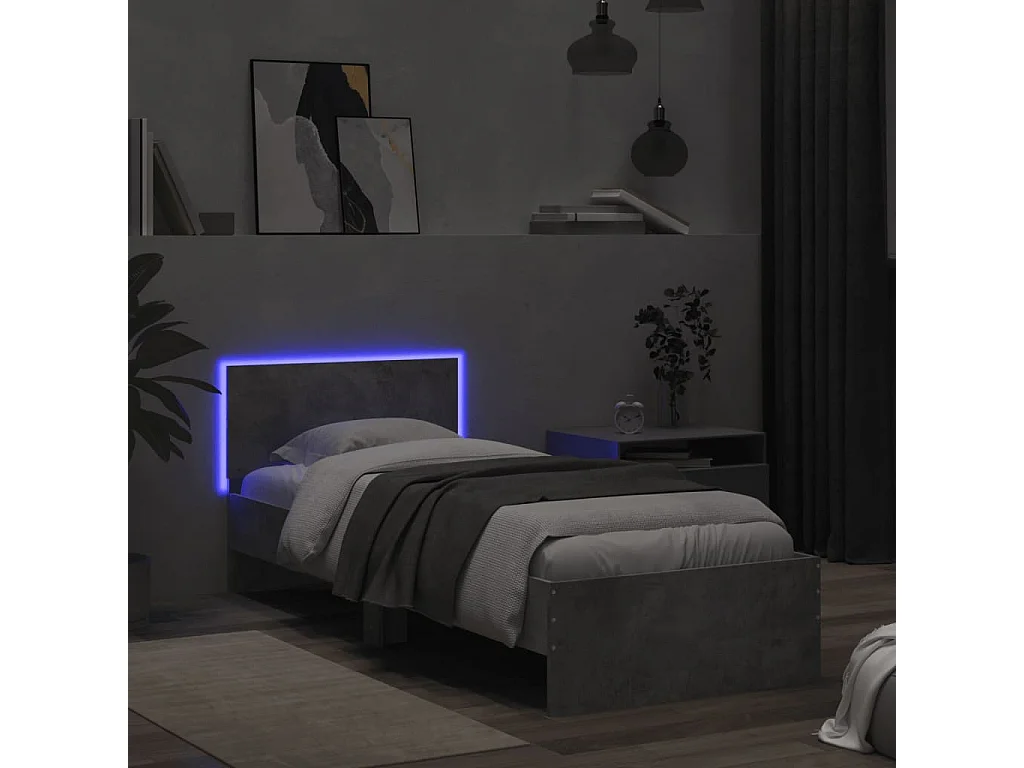 Cadre de lit tête de lit et lumières LED gris béton 75x190