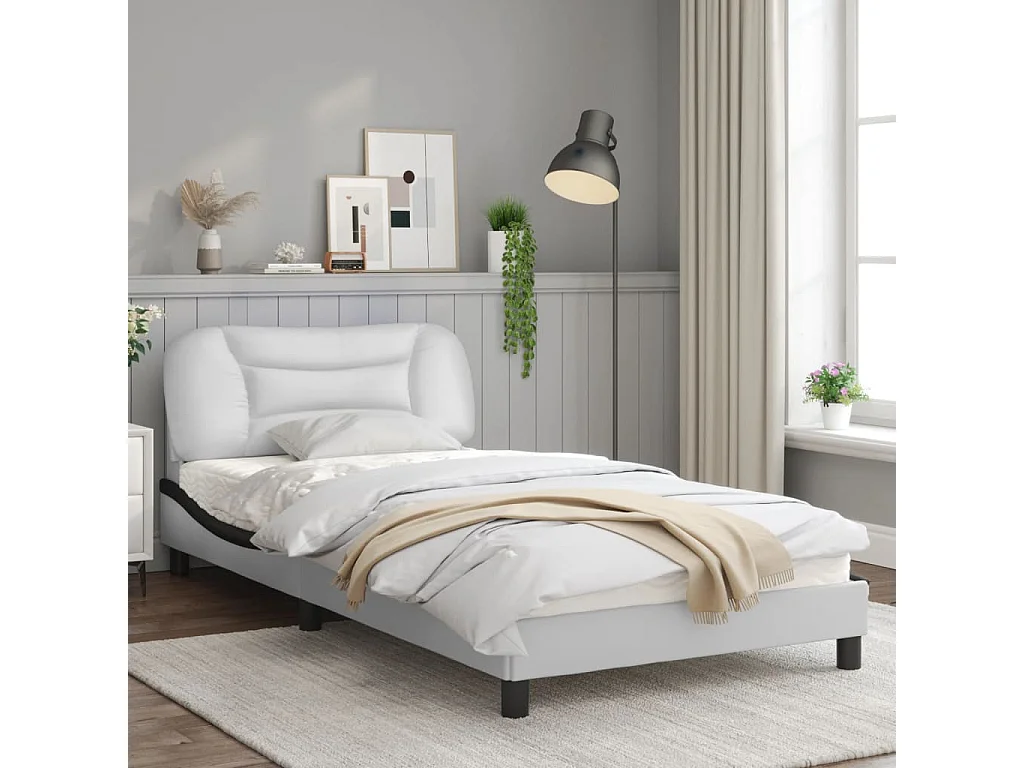 Cadre de lit et tête de lit blanc et noir 100x200 similicuir