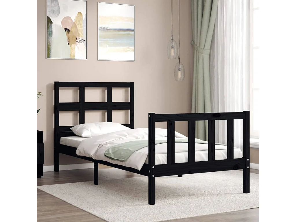 Cadre de lit avec tête de lit noir simple bois massif