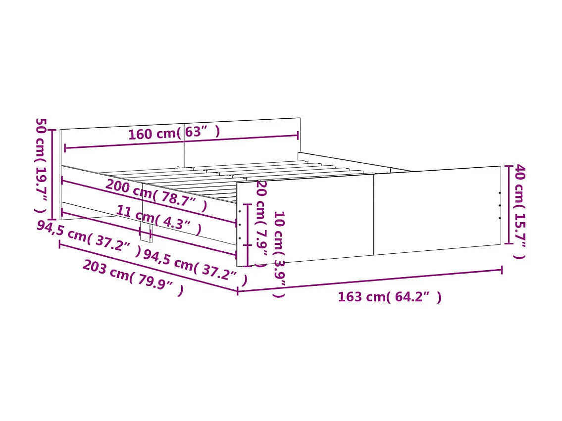 Cadre de lit tête de lit et pied de lit sonoma gris 160x200