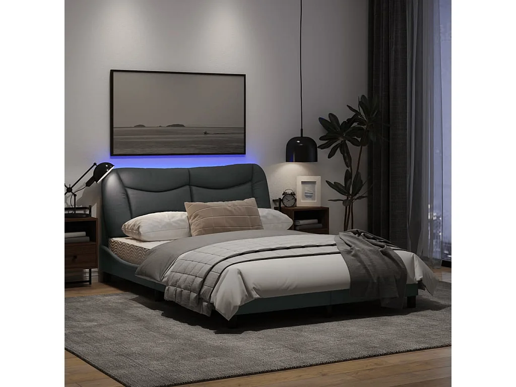 Cadre de lit avec lumières LED gris clair 140x200 tissu