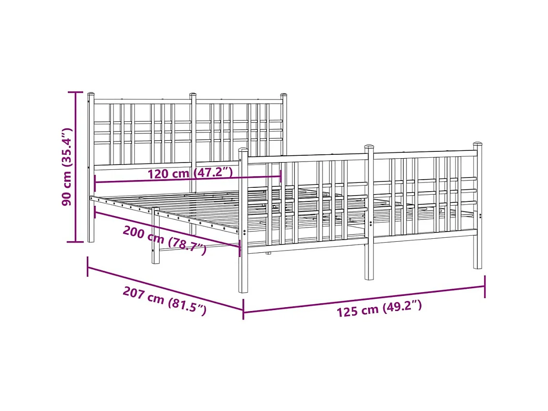 Cadre de lit métal avec tête de lit-pied de lit noir 120x200