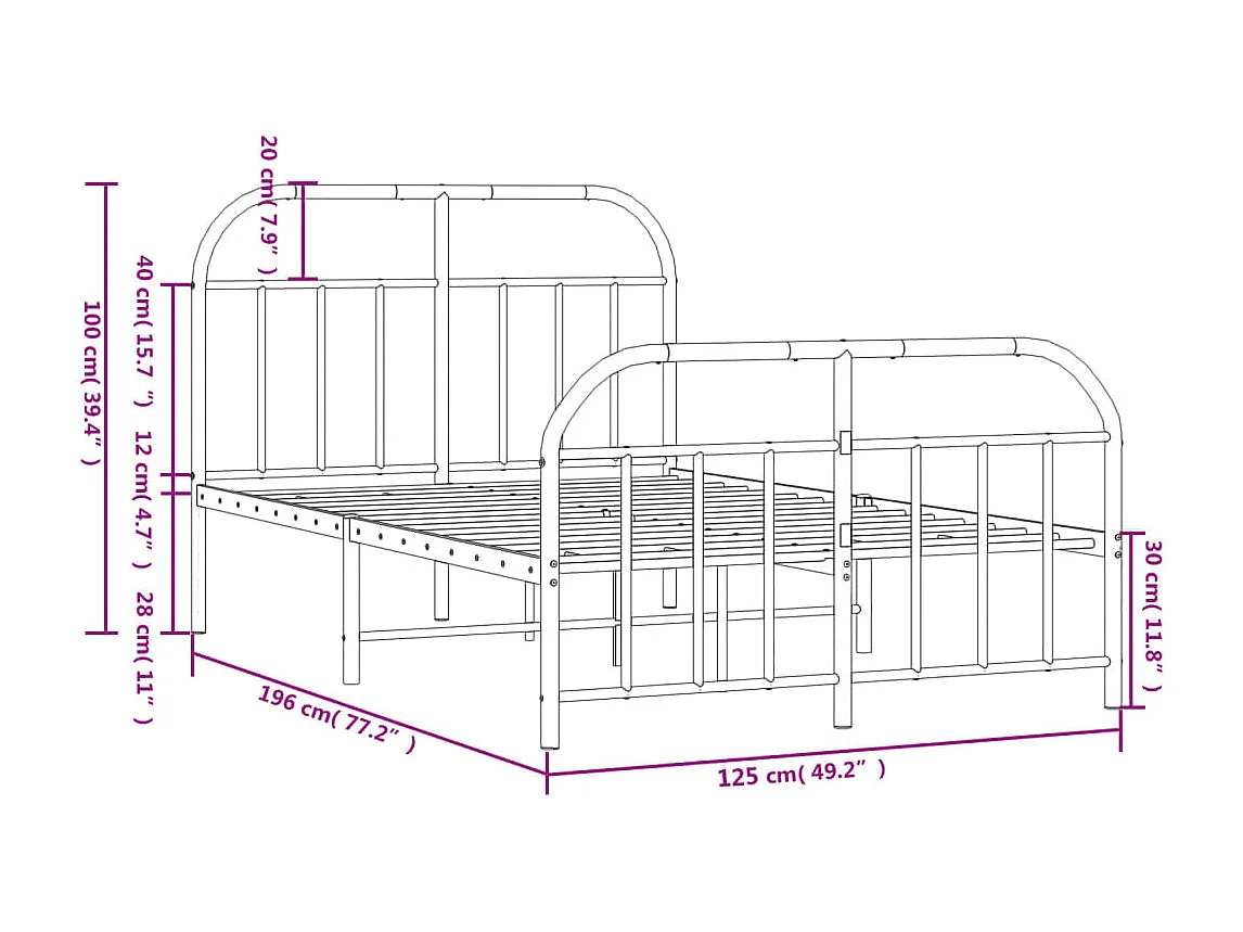 Cadre de lit métal avec tête de lit-pied de lit noir 120x190