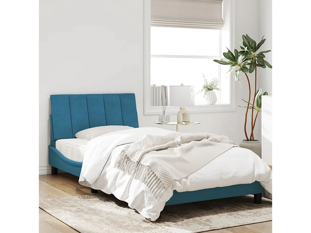 Cadre de lit avec tête de lit bleu 100x200 velours
