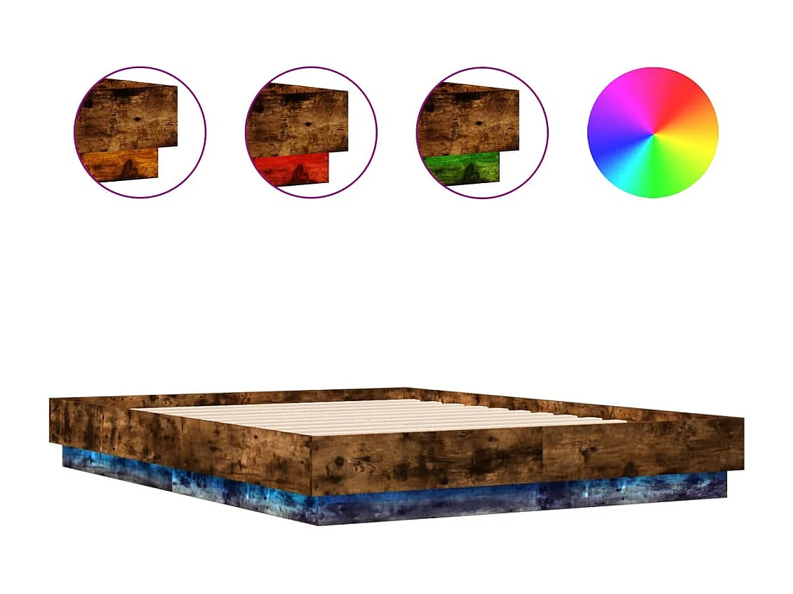 Cadre de lit avec lumières LED chêne fumé 135x190