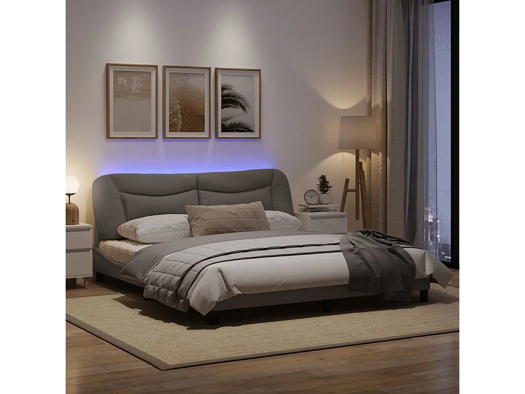 Cadre de lit avec lumières LED taupe 180x200 tissu