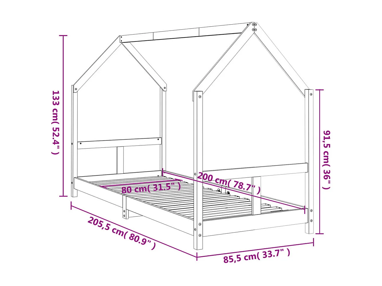 Cadre de lit pour enfants 80x200 bois de pin massif