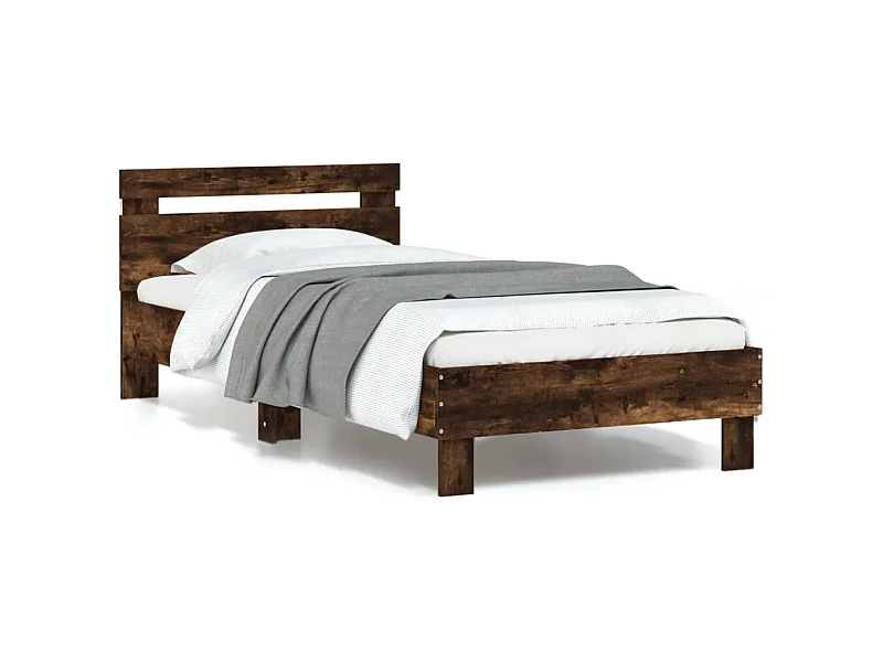 Cadre de lit tête de lit et lumières LED chêne fumé 90x190