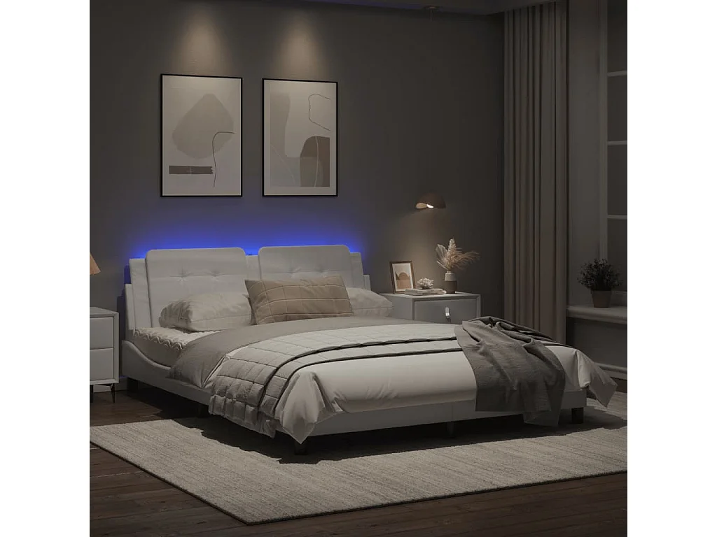 Cadre de lit avec lumières LED blanc 160x200 similicuir