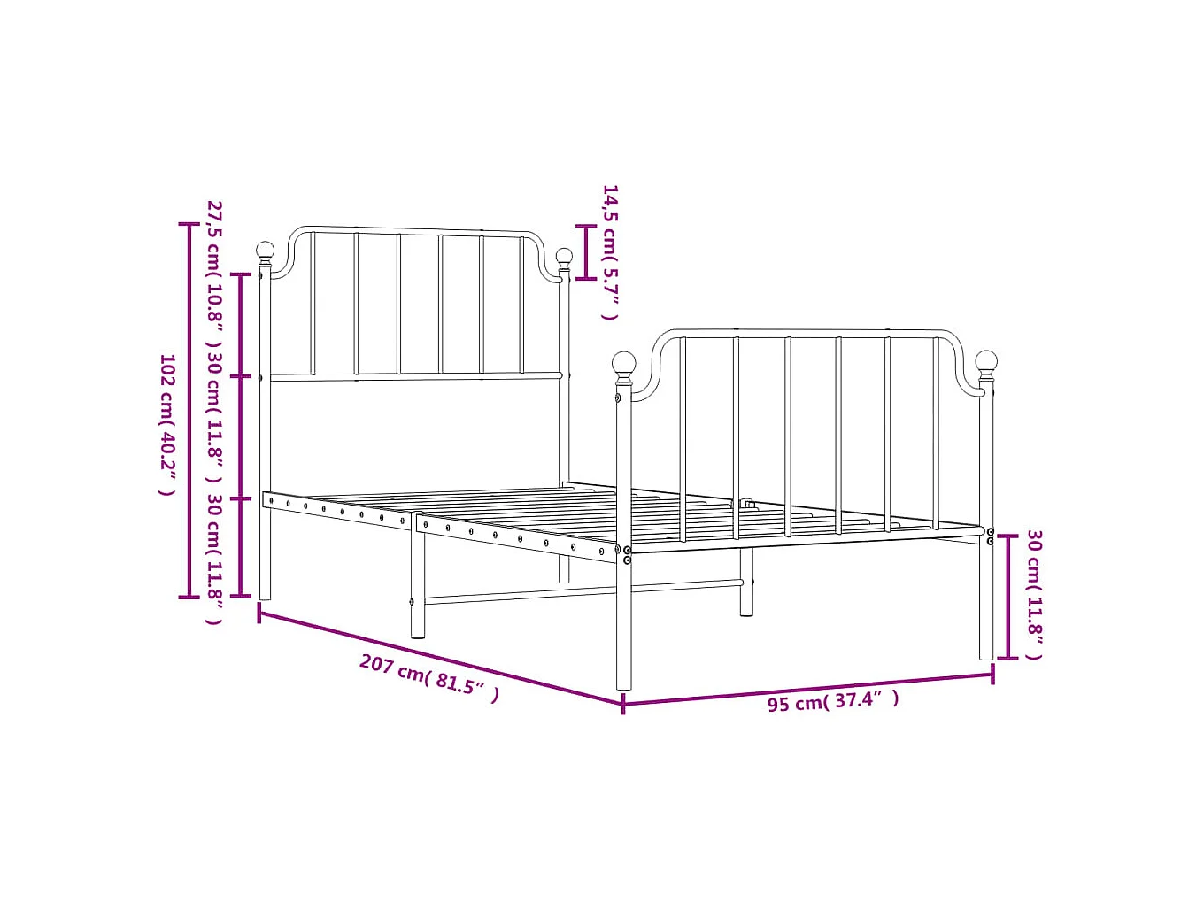 Cadre de lit métal avec tête de lit-pied de lit blanc 90x200