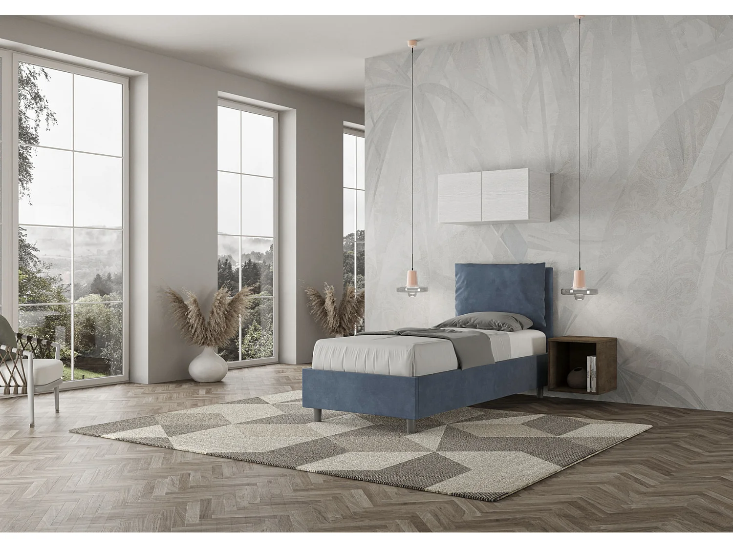 Lit adulte moderne avec coussins rembourrés microfibre Anja-Couleur Bleu foncé-80x190-Option Avec sommier