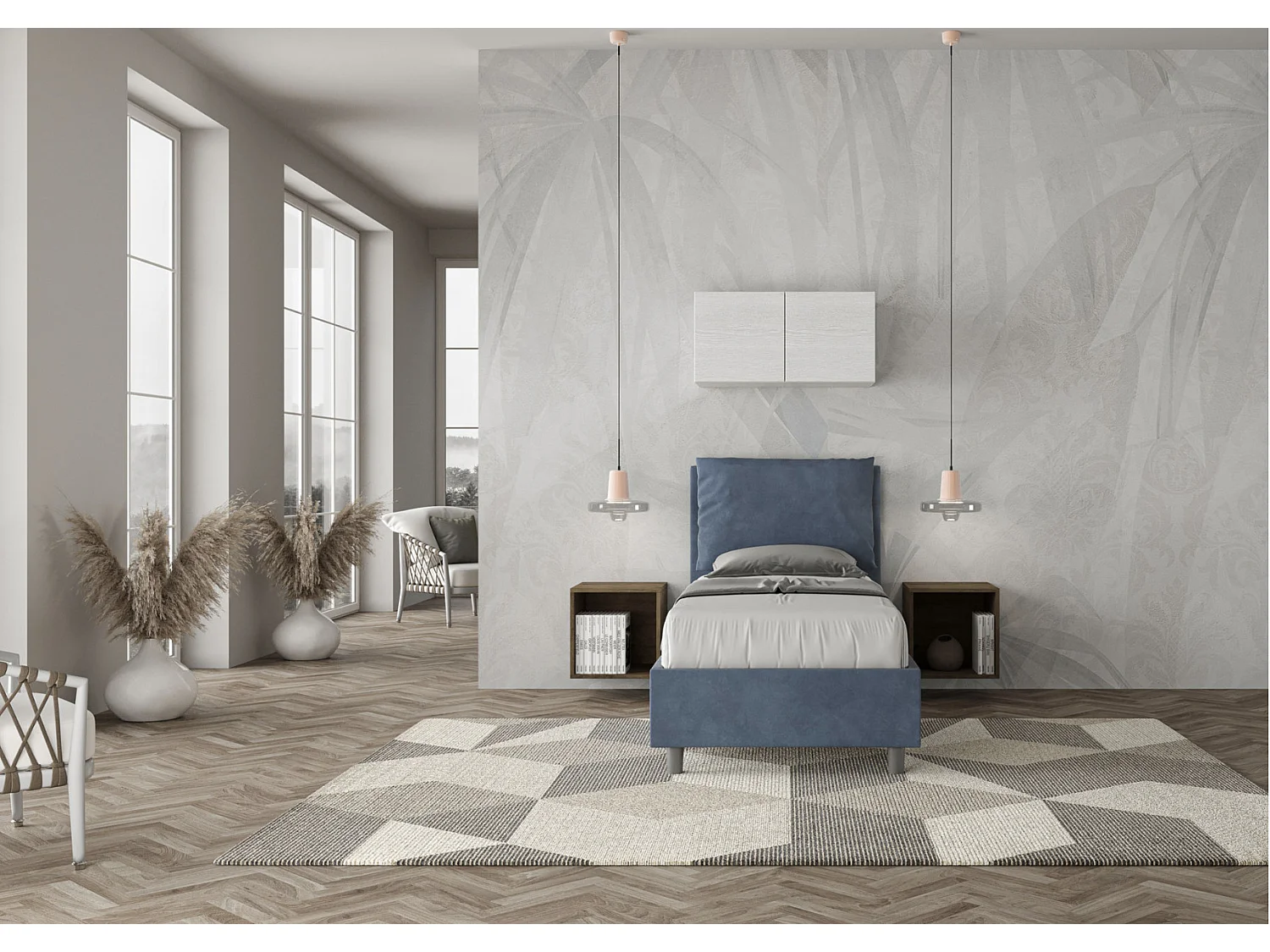 Lit adulte moderne avec coussins rembourrés microfibre Anja-Couleur Bleu foncé-80x190-Option Avec sommier