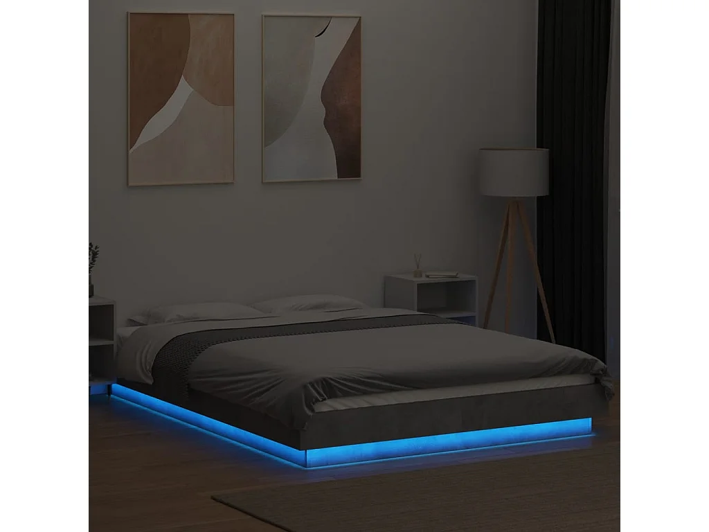 Cadre de lit avec lumières LED gris béton 135x190