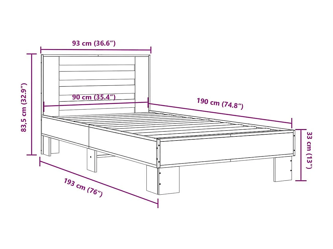 Cadre de lit chêne sonoma 90x190 bois d'ingénierie et métal