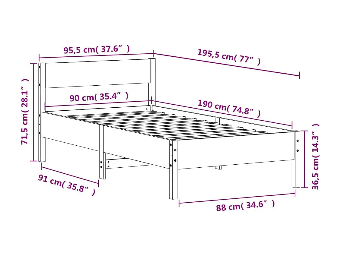 Cadre de lit avec tête de lit blanc 90x190 bois de pin massif